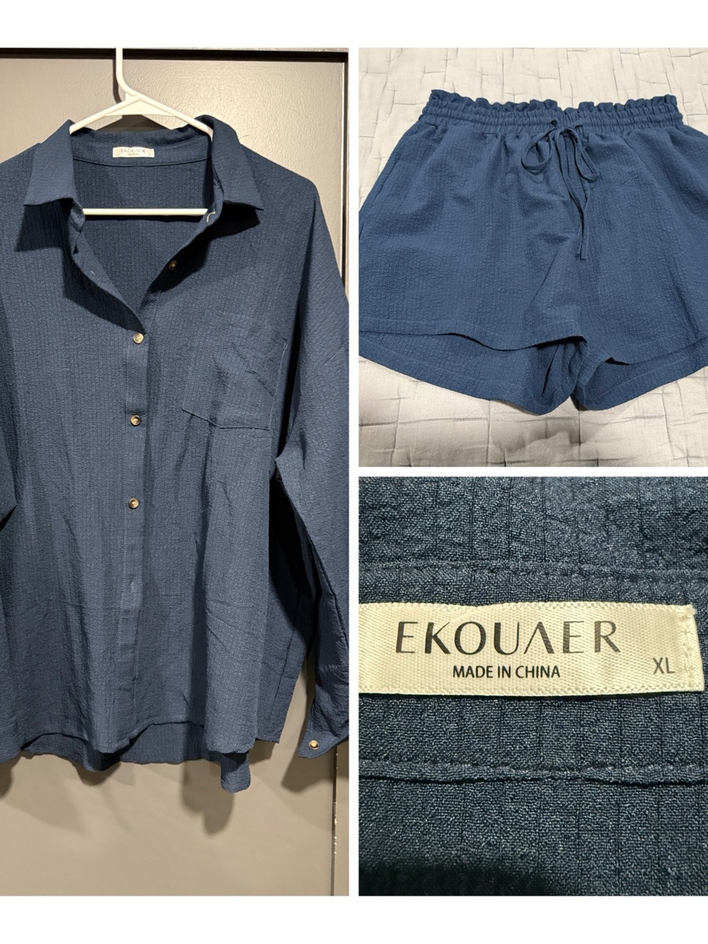 Ekouaer Women's Navy Button-Up Shirt & Drawstring Shorts Set